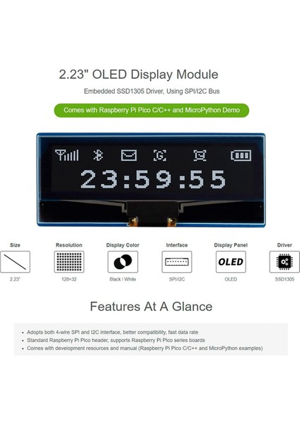 Ahududu Pi Pico Için Waveshare 2.23 Inç OLED Ekran Modülü, 128X32 Piksel Gömülü SSD1305 Sürücü, 4-Wire SPI/I2C Arayüzü (Yurt Dışından)