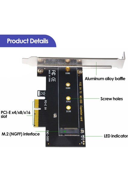 Pcı-E 3.0 X4 - Nvme M.2 Ngff M Anahtar SSD Yükseltici Genişletme Kartı 2230/2242/2260/2280 M.2 SSD EM2-5001 (Yurt Dışından)