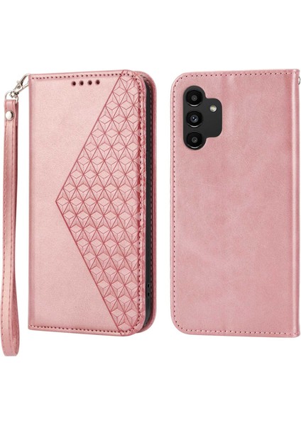 Samsung Galaxy A13 4G / A13 5G / A04S 4G (164.7 x 76.7 x 9.1 mm) Buzağı Doku Deri Deri Cüzdan Baskılı Rhombus Desen Manyetik Emilim lı Telefon Kılıfı (Yurt Dışından)