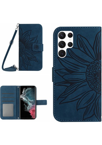 Samsung Galaxy S22 Ultra 5G HT04 Çizgiye Karşı Çizgiye Dönüşlü Ayçiçeği Cilt Dokunlu PU Deri Cüzdan Telefon Kılıfı (Yurt Dışından)