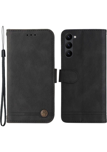 Samsung Galaxy S23 için çizilmeye dayanıklı flip deri cüzdan ı ağaç desen metal düğme çizgileri baskılı cilt-dokunuş koruyucu lı Telefon Kılıfı (Yurt Dışından)