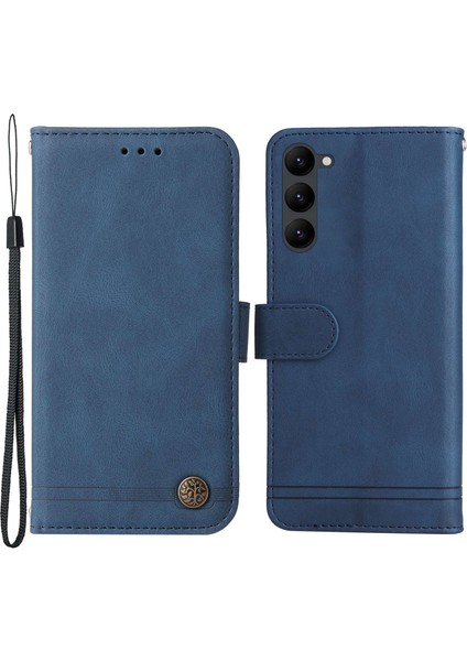 Samsung Galaxy S23 için çizilmeye dayanıklı flip deri cüzdan ı ağaç desen metal düğme çizgileri baskılı cilt-dokunuş koruyucu lı Telefon Kılıfı (Yurt Dışından)
