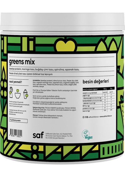 Saf Nutrition Greens Mix Çilek Unisex Protein Tozları SNPM-00004