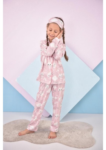 Kız Çocuk Pembe Renk Tavşan Desenli Baskılı Pijama Takımı Göz Bandı Hediyeli