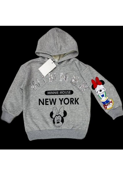 Kız Çocuk 3 Iplik Gri Renk Üzeri Payet Yazı Detaylı Mickey Mouse Baskılı Sweatshirt