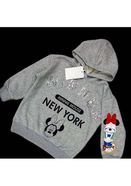 Kız Çocuk 3 Iplik Gri Renk Üzeri Payet Yazı Detaylı Mickey Mouse Baskılı Sweatshirt modelleri