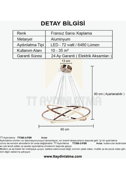 TT300-3 Fsr Tt Aydınlatma Halka 3 Lü Fransız Sarısı Kaplama LED Avize indirimleri