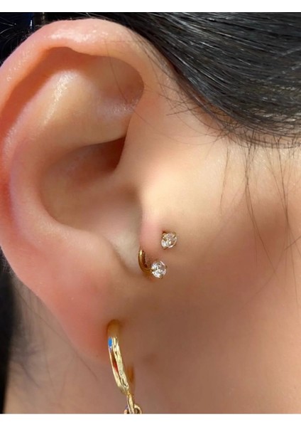 Cerrahi Çelik Iki Ucu Taşlı Tragus Helix Kıkırdak Lobe Uyumlu Piercing Küpe