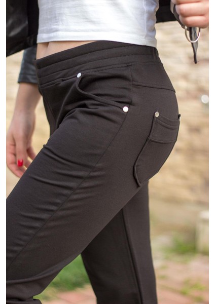 Kadın Siyah Ön Arka Cep Gizli Ipli Lastikli Rahat Pantolon Eşofman Altı 21KESAPANT modelleri