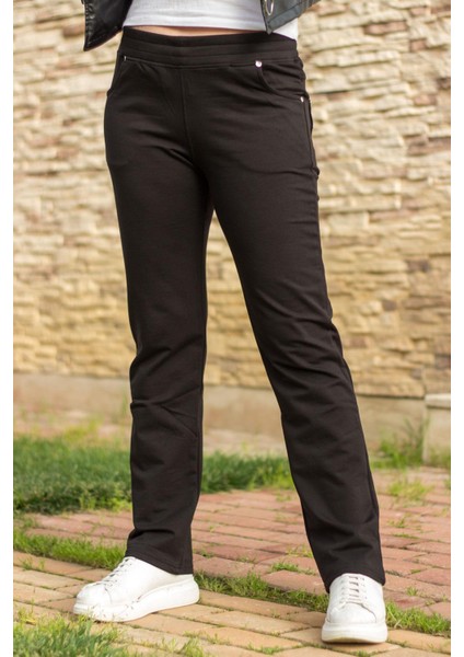 Kadın Siyah Ön Arka Cep Gizli Ipli Lastikli Rahat Pantolon Eşofman Altı 21KESAPANT fırsatları