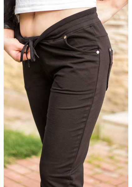 Kadın Siyah Ön Arka Cep Gizli Ipli Lastikli Rahat Pantolon Eşofman Altı 21KESAPANT indirimleri