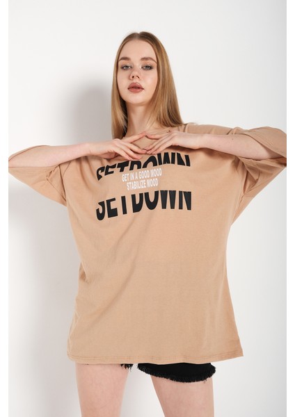 Kadın Oversize Set Down Baskılı T-Shirt