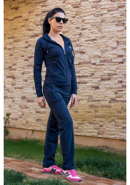 Kadın Lacivert Iki Şeritli Biyeli Fermuarlı Kapüşonlu Spor Eşofman Takımı 21KESTAX11
