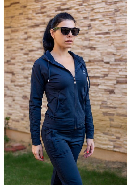 Kadın Lacivert Iki Şeritli Biyeli Fermuarlı Kapüşonlu Spor Eşofman Takımı 21KESTAX11 modelleri
