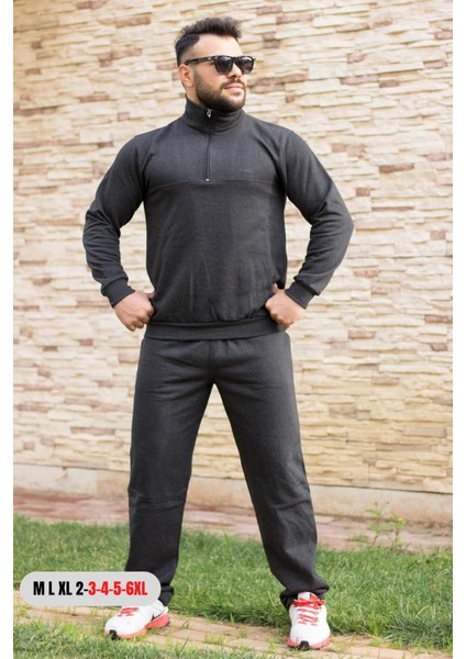 Antrasit Battal Büyük - Normal Beden Yarım Fermuarlı Erkek Eşofman Takımı 21EESTYAKT