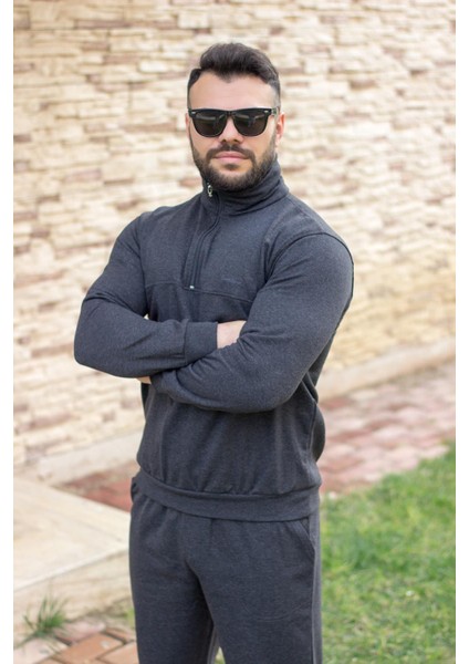 Antrasit Battal Büyük - Normal Beden Yarım Fermuarlı Erkek Eşofman Takımı 21EESTYAKT modelleri
