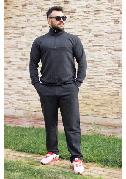 Antrasit Battal Büyük - Normal Beden Yarım Fermuarlı Erkek Eşofman Takımı 21EESTYAKT fırsatları
