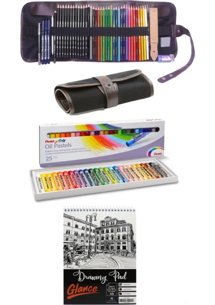 A5 Eskiz Defterli Cretacolor Dereceli Kalem Studioline Derwent Watercolour Pentel 25'li Rulo Çanta
