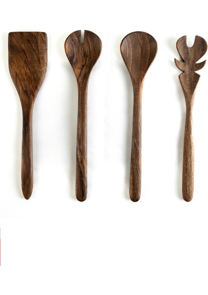 Ceviz Ağacı El Yapımı 4 Parça Mutfak Seti, Tahta Kaşık, Çatal, Spatula, 30 Cm.