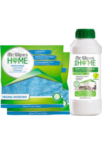 Mr Wipes Ikili Cam Bezi 40X40 cm ve Konsantre Çok Amaçlı Temizleyici 1000 ml