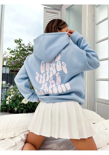 Unisex Mavi Good Things Sırt Baskılı Oversize Kapşonlu Sweatshirt