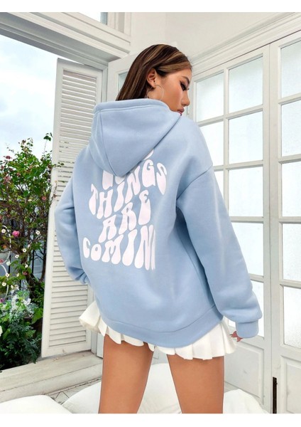 Unisex Mavi Good Things Sırt Baskılı Oversize Kapşonlu Sweatshirt fiyatları