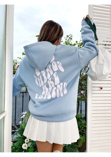 Unisex Mavi Good Things Sırt Baskılı Oversize Kapşonlu Sweatshirt modelleri