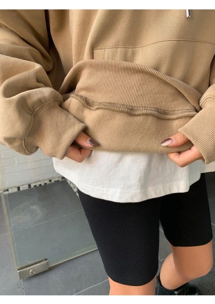 Unisex Bej Yıldız Sırt Baskılı Oversize Kapşonlu Sweatshirt