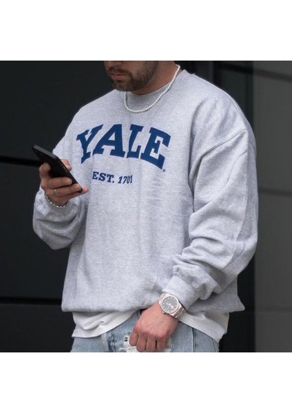 Unisex Gri Yale Baskılı Bisiklet Yaka Oversize Sweatshirt