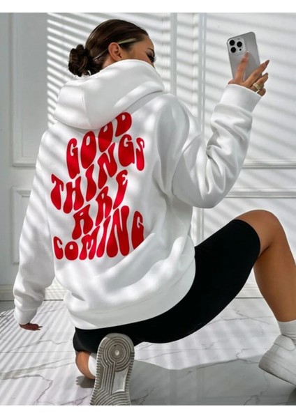 Unisex Beyaz Good Things Sırt Baskılı Oversize Kapşonlu Sweatshirt
