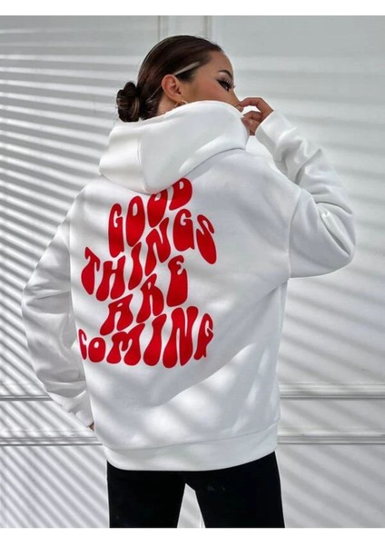 Unisex Beyaz Good Things Sırt Baskılı Oversize Kapşonlu Sweatshirt