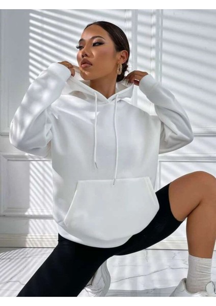 Unisex Beyaz Good Things Sırt Baskılı Oversize Kapşonlu Sweatshirt