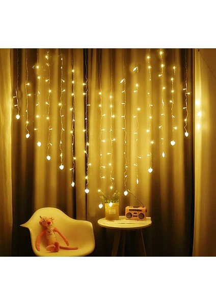 Kalp Şeklinde Perde LED Işık 2 Metre 124 Ledli 8 Animasyonlu Saçaklı LED Işık Birbirine Eklenebilir