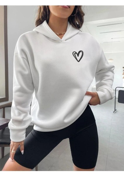 Unisex Beyaz Kalp Baskılı Oversize Kapşonlu Sweatshirt