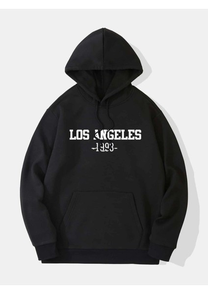 Unisex Siyah Los Angeles Baskılı Oversize Kapşonlu Sweatshirt