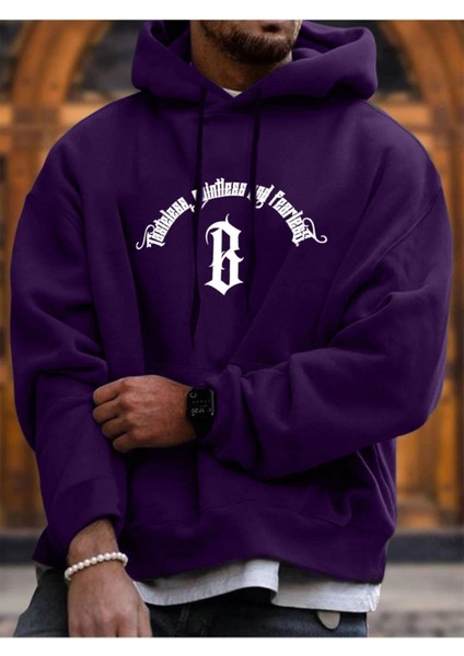 Unisex Mor Fealress Baskılı Kapşonlu Oversize Sweatshirt