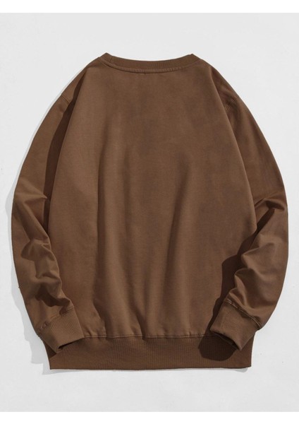 Unisex Kahverengi Chicago Baskılı Bisiklet Yaka Oversize Sweatshirt
