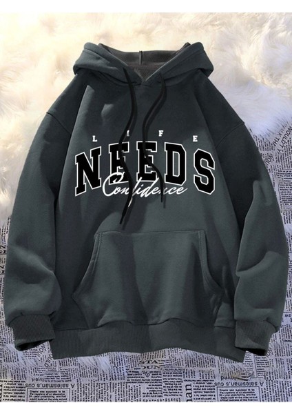 Unisex Füme Needs Baskılı Kapşonlu Oversize Sweatshirt