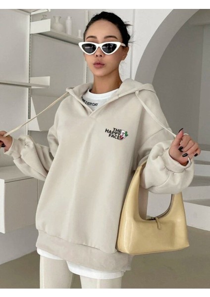 Unisex Beyaz Happy Baskılı Oversize Kapüşonlu Sweatshirt