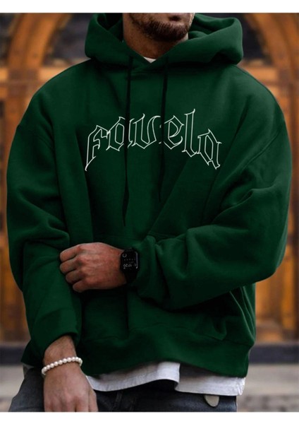 Unisex Yeşil Favela Baskılı Kapşonlu Oversize Sweatshirt