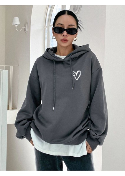 Unisex Füme Kalp Baskılı Oversize Kapşonlu Sweatshirt