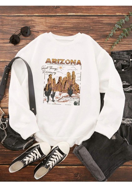 Unisex Beyaz Arizona Bisiklet Yaka Sweatshirt