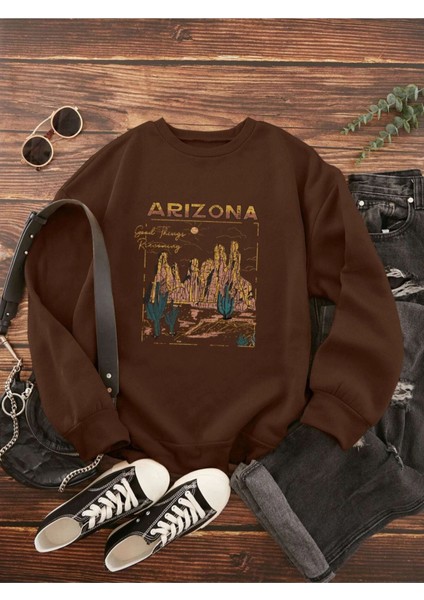 Unisex Kahverengi Arizona Bisiklet Yaka Sweatshirt