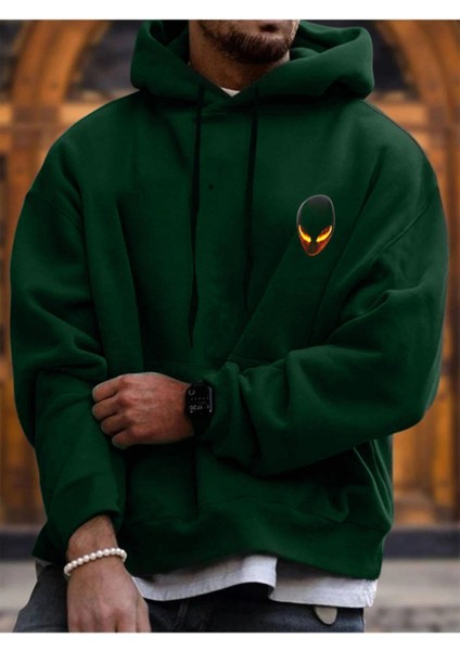 Unisex Yeşil Alien Baskılı Kapşonlu Oversize Sweatshirt