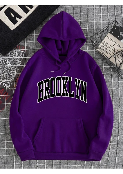 Unisex Mor Brooklyn Baskılı Kapüşonlu Sweatshirt