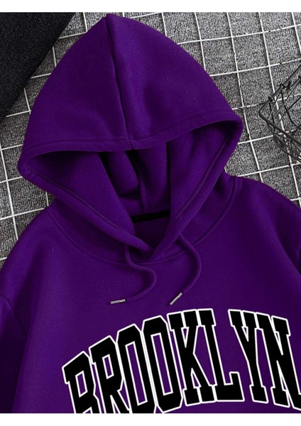 Unisex Mor Brooklyn Baskılı Kapüşonlu Sweatshirt