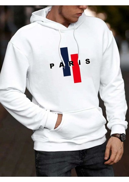 Erkek Beyaz Dik Paris Baskılı Kapüşonlu Sweatshirt