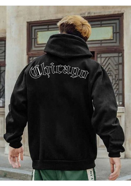 Erkek Siyah Chicago Sırt Baskılı Kapüşonlu Sweatshirt