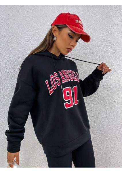 Unisex Siyah Los Angeles 91 Baskılı Oversize Kapşonlu Sweatshirt