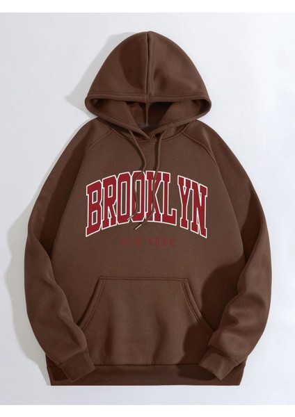 Unisex Kahverengi Brooklyn Baskılı Kapüşonlu Sweatshirt